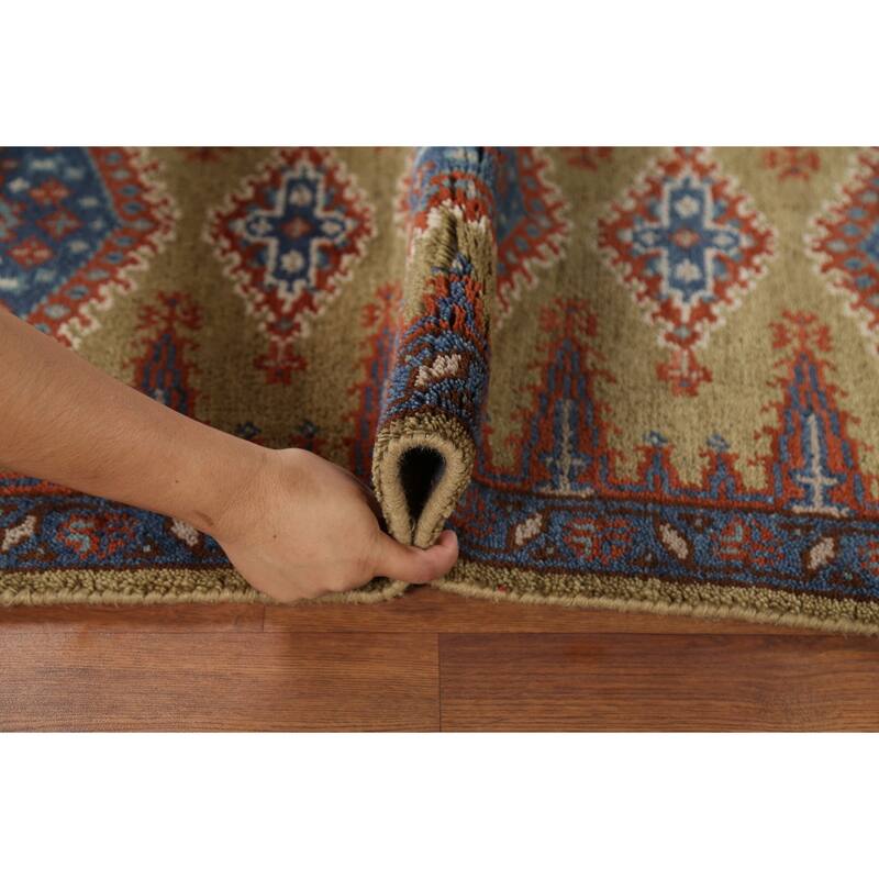 Green Geometric Viss Indian Runner Rug Hand-Knotted Wool Carpet - 2'6"x 9'7"
