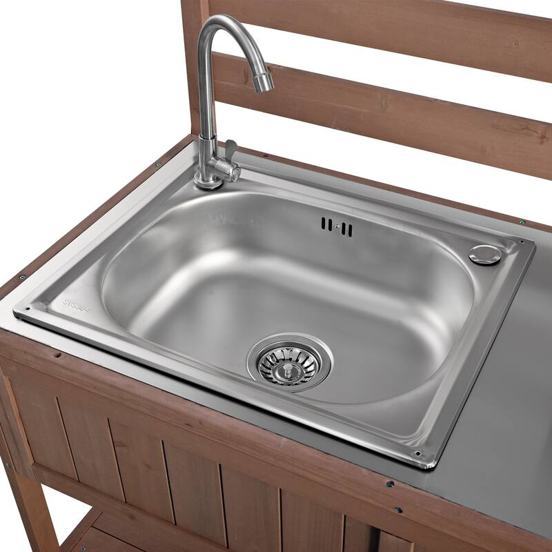 Roomfitters 41.7" Garden Potting Bench with Sink, Rolling Outdoor Potting Table, Bottle Opener, Storage Shelves, Hutch