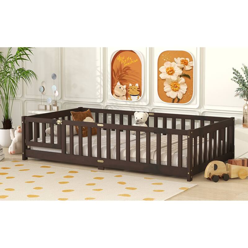 Roomfitters Twin/Full/Queen Rubber Wood Floor Bed with Fence and Swing Door, Safety Guardrails, Low Profile Design