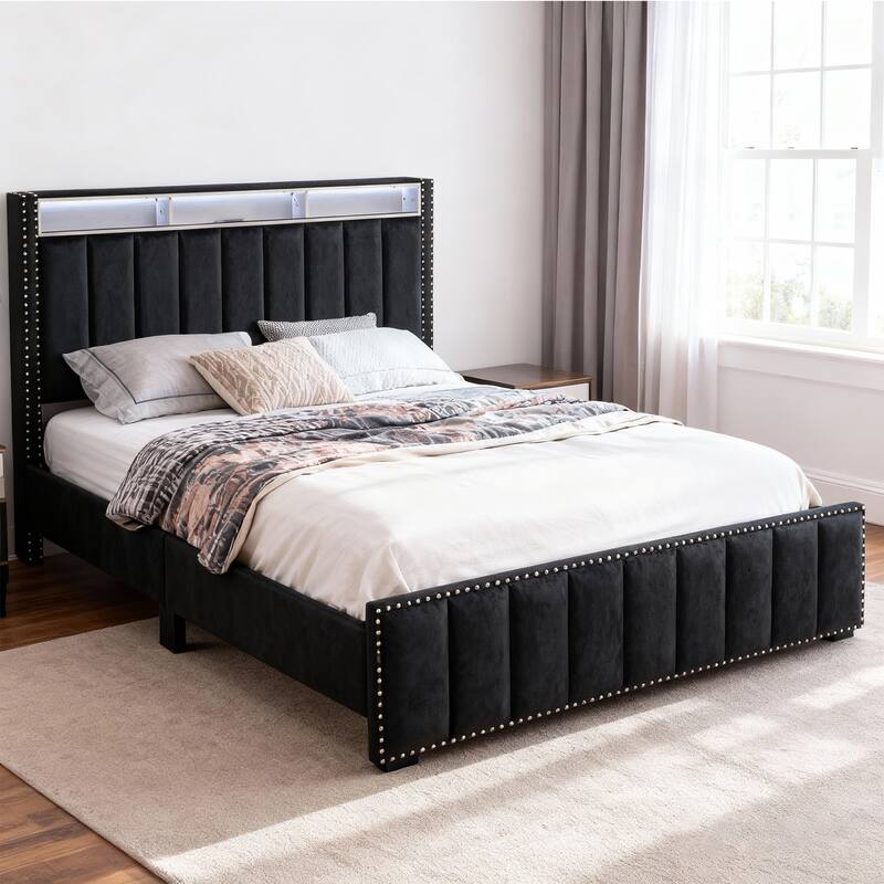 Modern Black Solid Wood Bed Frame with Open Compartments - Full