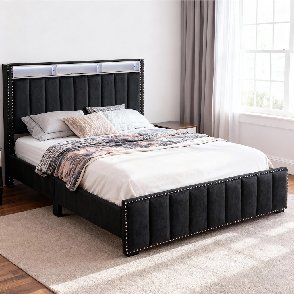 Modern Black Solid Wood Bed Frame with Open Compartments