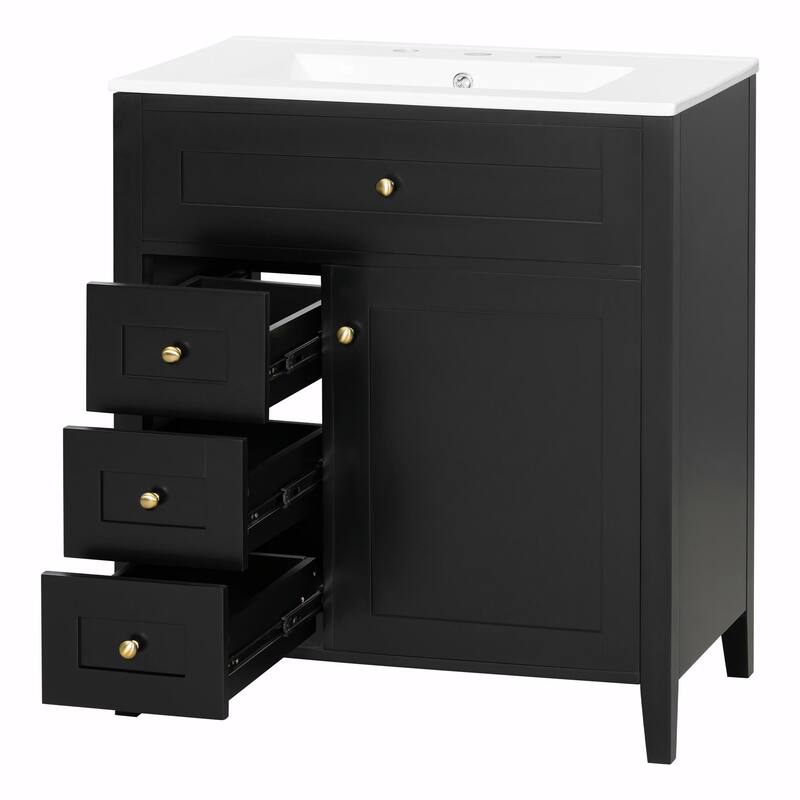 Bathroom Vanity with Sink, Modern MDF and Rubberwood Cabinet with 3 Drawers and Adjustable Shelf