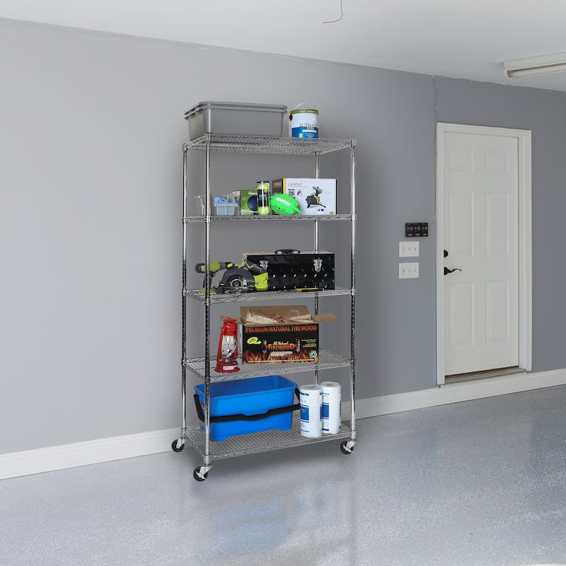 Seville Classics Commercial-Grade 5-Tier NSF-Certified Steel Wire Shelving with Wheels, 18" x 36" x 72"