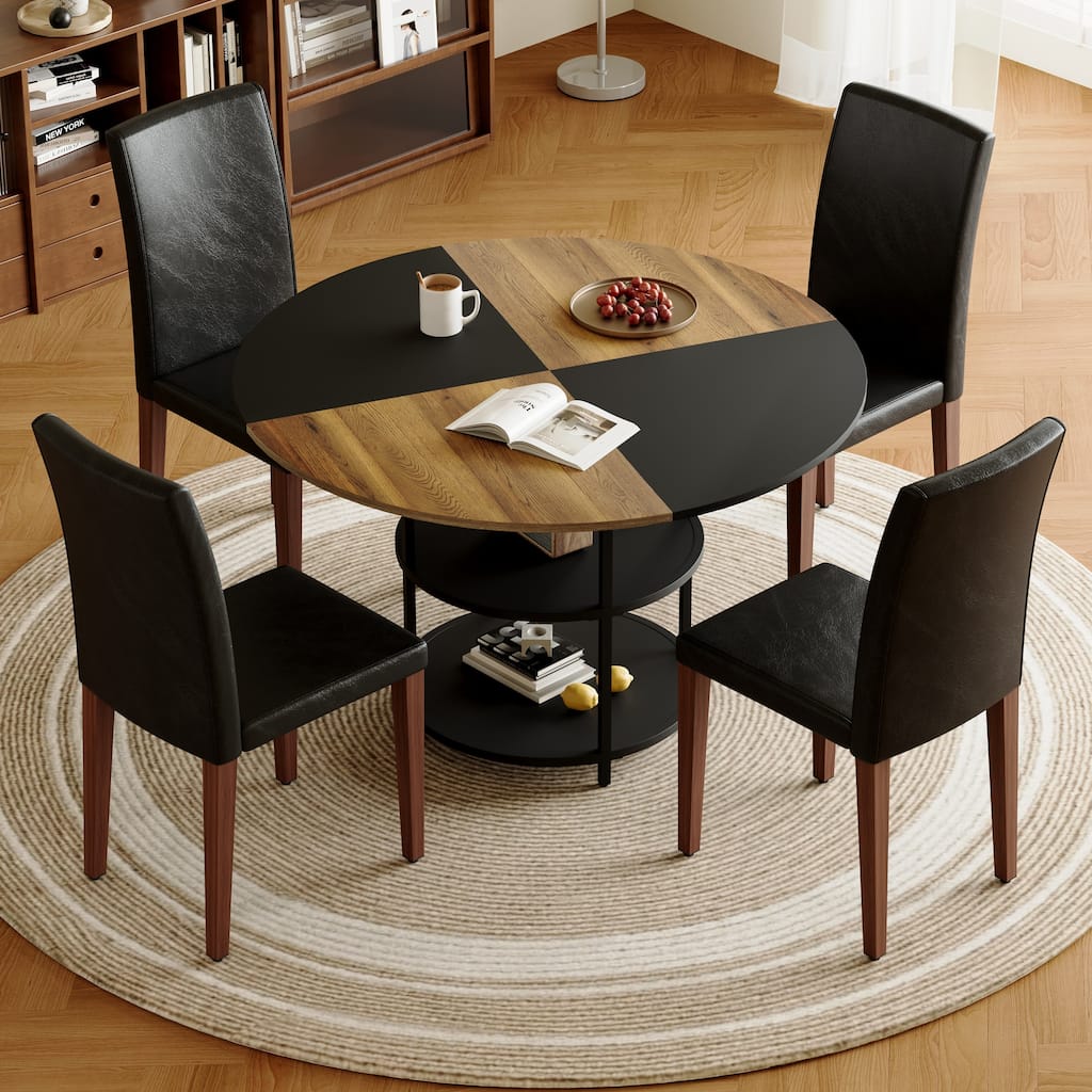 Round Dining Table Set for 4, 5-Piece Kitchen Table Set, 47.5" Storage Living Coffee Table with 4 Upholstered Dining Chairs