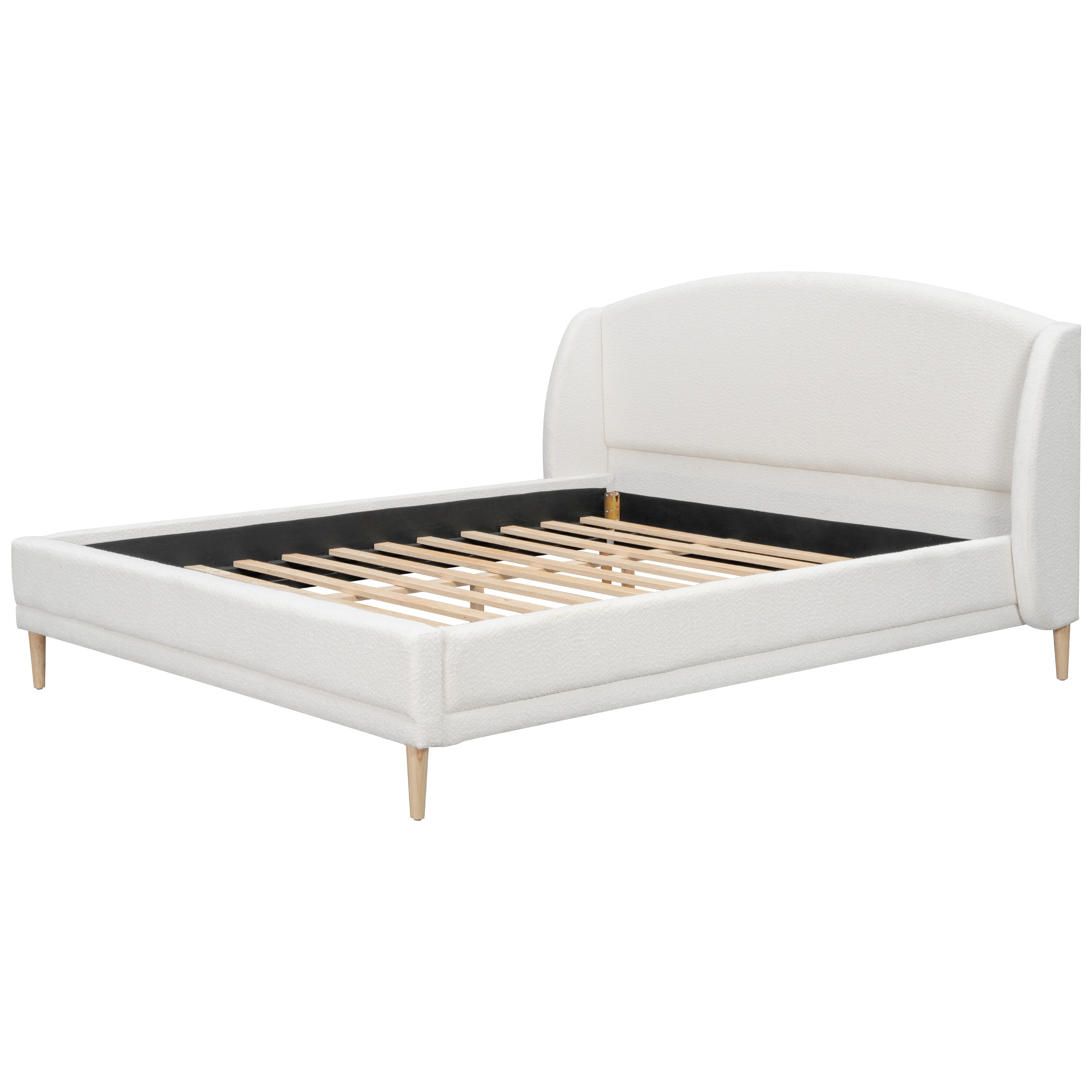 Upholstered Bed Frame With Boucle Fabric and Wingback Headboard