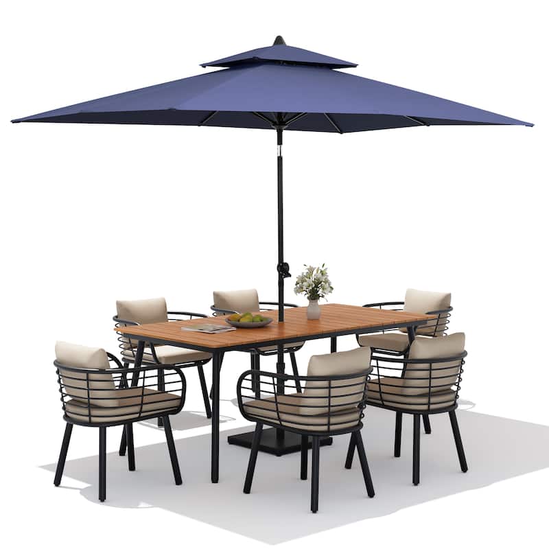 9PC Outdoor Patio Dining Set Aluminum Table with Sunbrella Cushion Chairs w/ Market Umbrella Sets