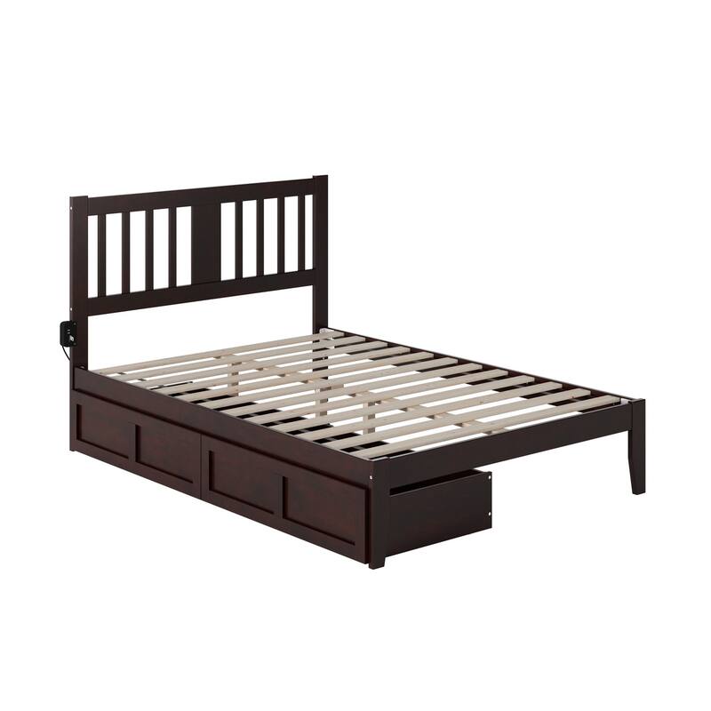 Full Bed in Espresso with 2 Underbed Drawers, Mission Slats, and Built-in Turbo Charger for Convenience