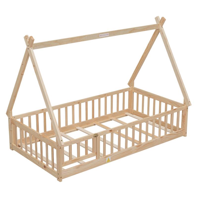 Natural Twin Size Pine Wood Tent-shaped Floor Bed, with Guardrails, Slats and Door for Kids, Boys and Girls
