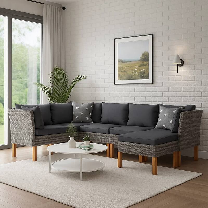 Reem 7pc Modular Sofa and Ottoman Set, Rattan Frame, Gray Polyester