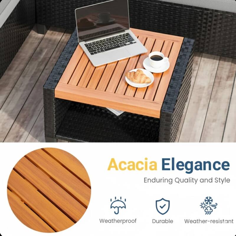 3-Piece L-Shaped Wicker Set with Gray Cushions and Acacia Wood Storage Table