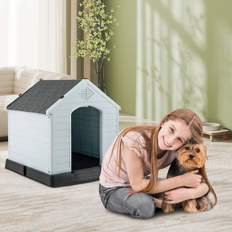 Grey-White PP Weatherproof Dog House with Ventilation and Raised Floor