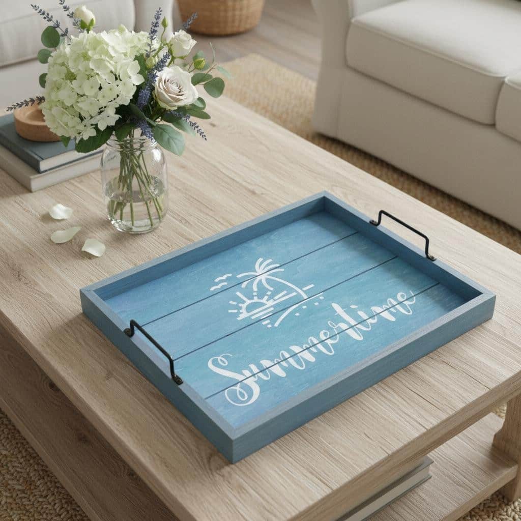 HomeRoots 16" Blue And White Summer Time Serving Tray With Handles - 15.50 in. x 2.25 in. x 12.00 in.
