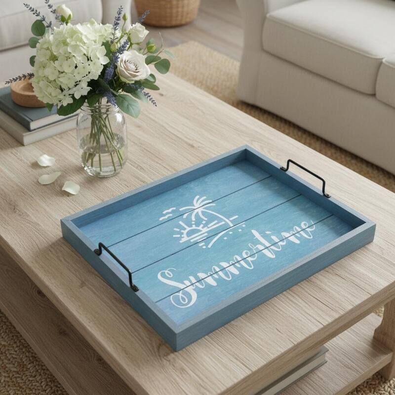 HomeRoots 16" Blue And White Summer Time Serving Tray With Handles - 15.50 in. x 2.25 in. x 12.00 in. - White/Blue - 15.50 in. x 2.25 in. x 12.00 in.