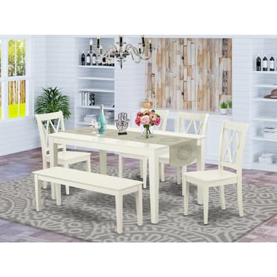 HomeStock 6-Piece Rectangle Linen White Finish Solid Wood Top Dining Table with 1 Bench, 4 Chairs with Cross Back