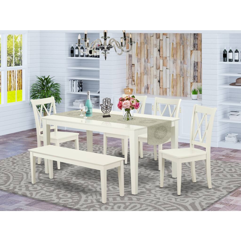 HomeStock 6-Piece Rectangle Linen White Finish Solid Wood Top Dining Table with 1 Bench, 4 Chairs with Cross Back
