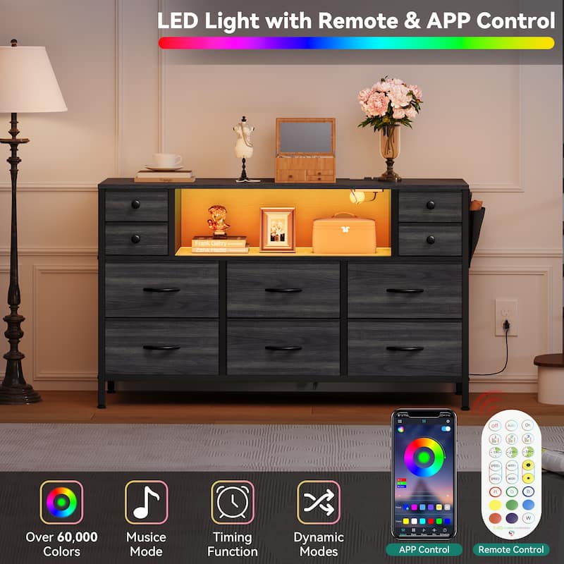 Moasis 10-drawer Dresser Media Console with Charging Station, RGB Lights, Side Pockets & Hooks