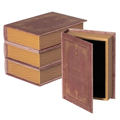 Set of 4 Decorative Vintage Book Shaped Trinket Storage Box, Brown