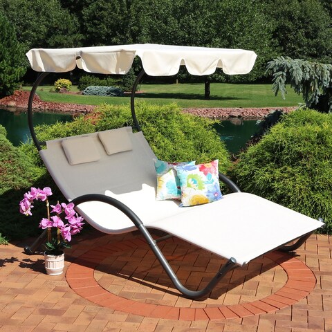 Sunnydaze Double Chaise Lounge with Canopy Shade and Headrest Pillows - Beige