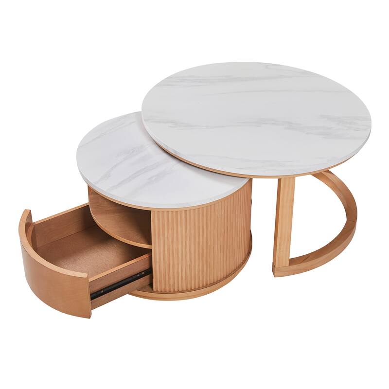 Round Nesting Coffee Table with White Marble Top, 2-Tier storage and 1 drawer, Natural, 28.5"