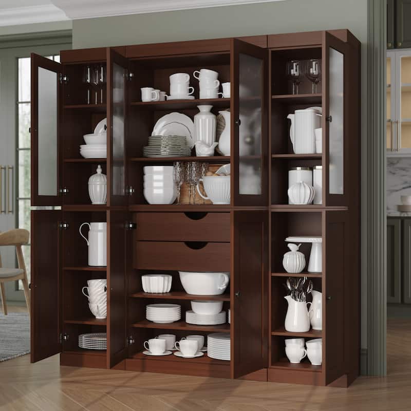 Palace Imports 100% Solid Wood 65" Pantry Cabinet with Frosted Glass, Shaker Doors, 2-Drawers and Adjustable Shelves - Mocha