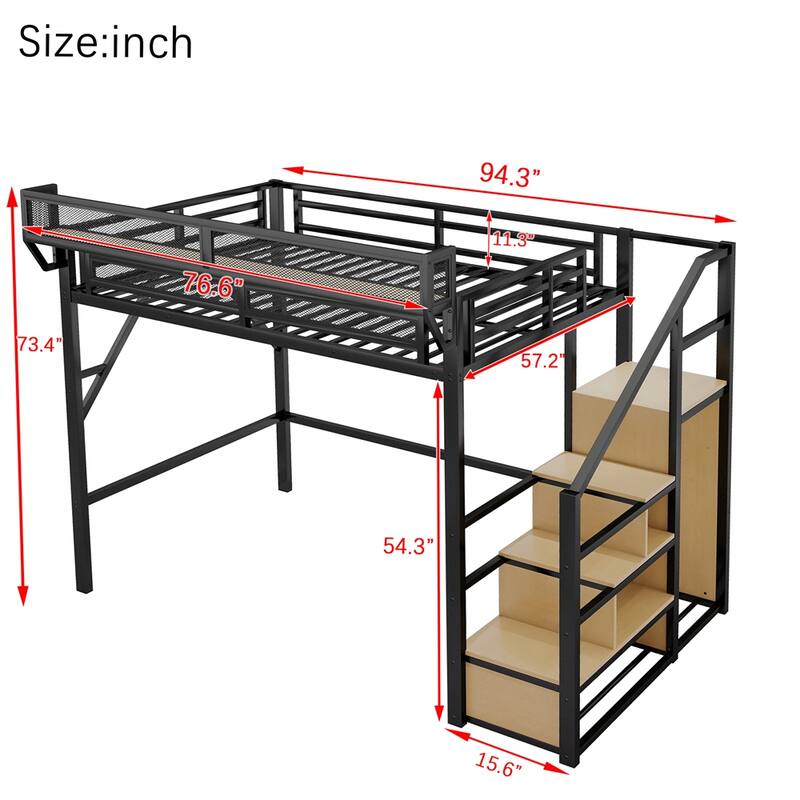 Full Size Loft Bed with Stairs,Metal Full Loft Bed w/Storage Shelves - Black
