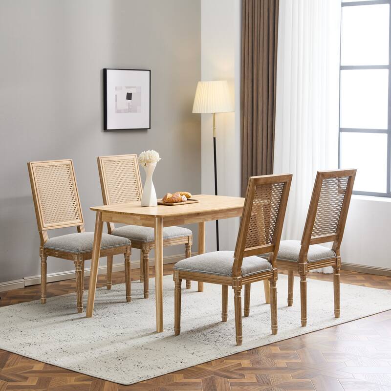 [Set of 4] French Country Dining Chairs - Elegant Cane Backrest & Upholstered Seats with Fluted Legs- Solid Rubberwood Frame