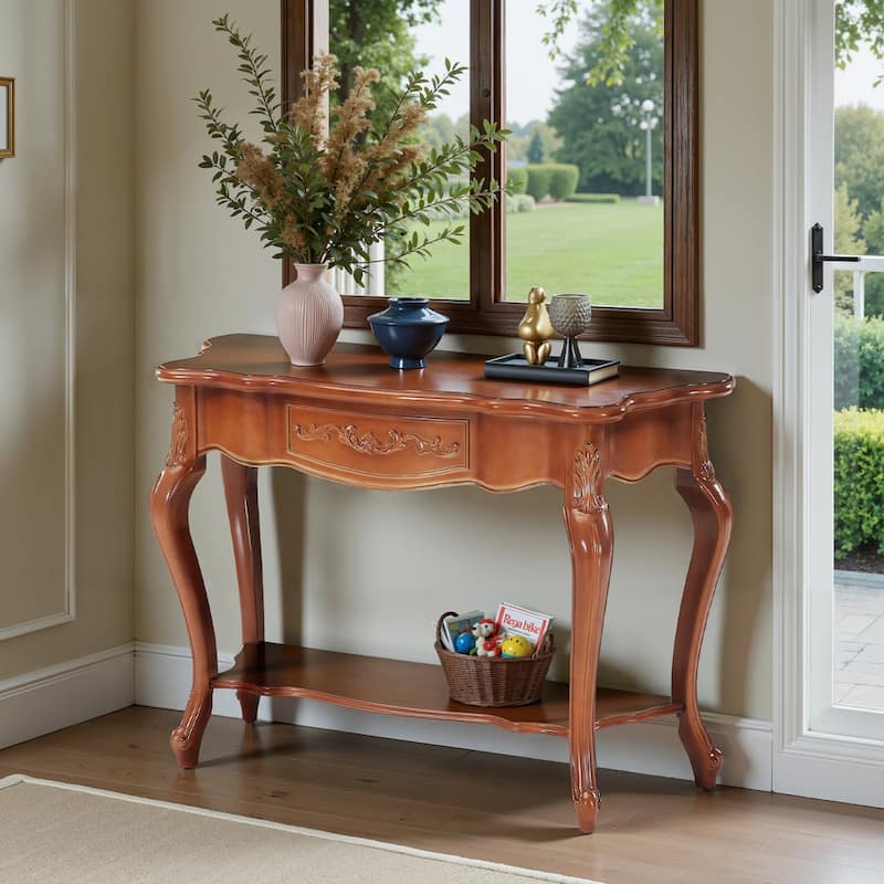 Mid-Century Modern Vintage Console Table with Shelf - Brown
