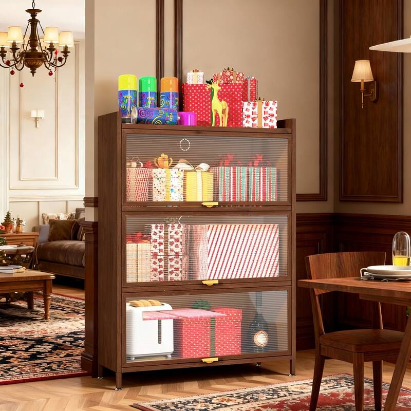 44" Walnut Finish Steel Storage Cabinet - 3-Tier Flip Door Organizer