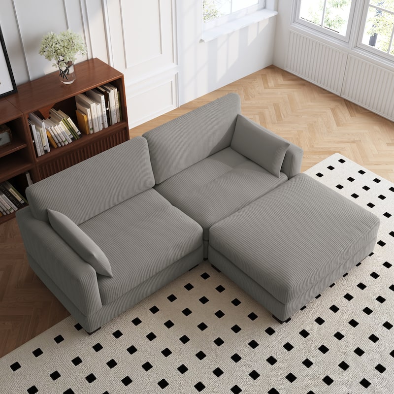 84'' L-Shaped Corduroy Comfy Couch Modular Sectional Sofa With Ottoman