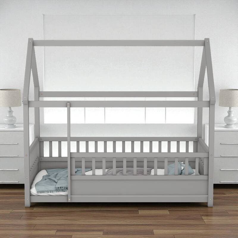 Twin/Full Wooden House Frame Floor Bed with Fence Guardrails, Montessori Style Kids Bed, Pine Wood Low Profile Design
