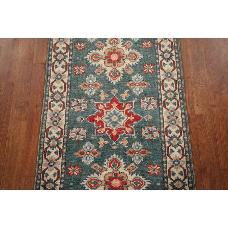 Geometric Green Kazak Oriental Runner Rug Hand-Knotted Wool Carpet - 2'3" x 5'11"