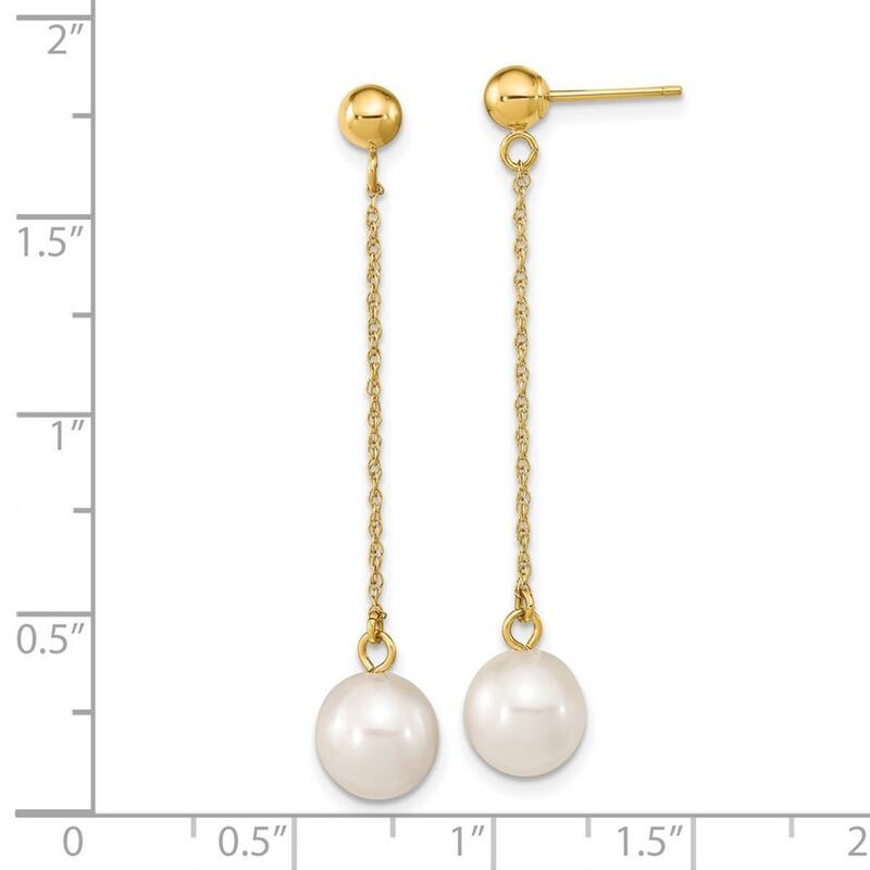 Curata 10k Yellow Gold 7-8mm White Round Freshwater Cultured Pearl Dangle Post Earrings