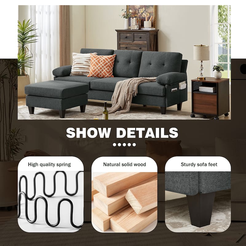 86.22" Wide Sectional Sofa with Ottoman & Side Storage Bags