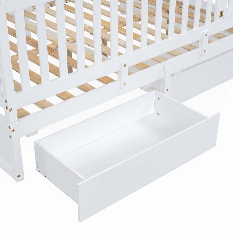 Full Size Wood Daybed with Fence Guardrails and 2 Drawers