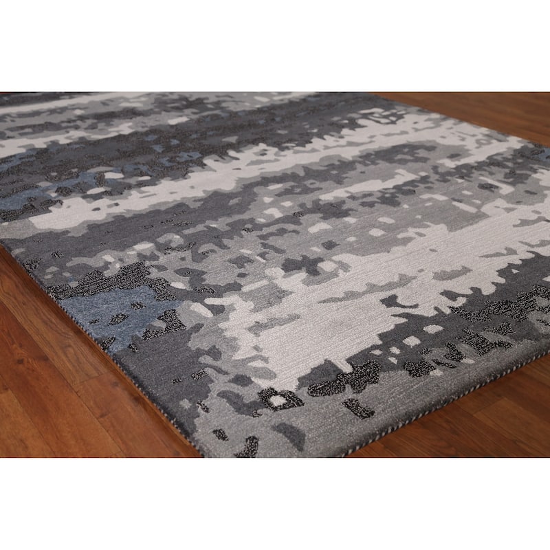 Abstract Modern Indian Area Rug Grey Handmade Wool Carpet - 5'3" x 7'7" - 5'3" x 7'7" - Grey