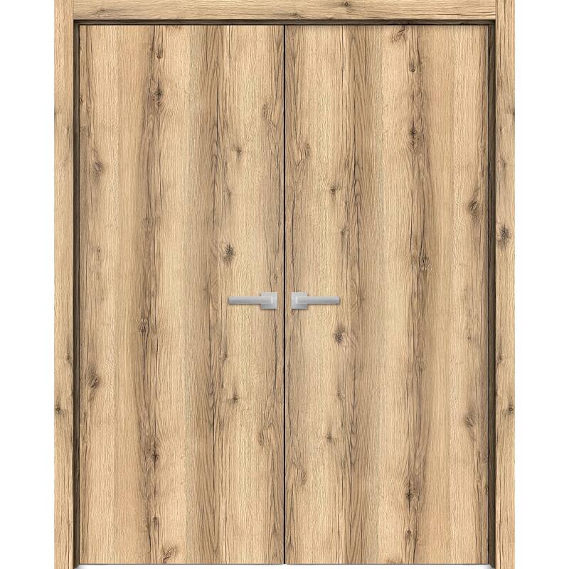 Solid French Double Doors 36 x 80 inches | Planum 0010 Walnut | Wood Solid Panel Frame Trims - 56" x 80" ( 2* 28x80)