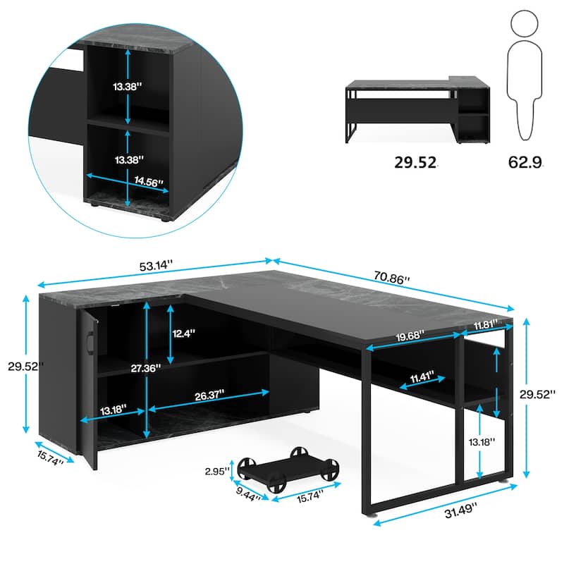 71 inch Executive Desk, L Shaped Desk with Cabinet Storage, Executive Office Table with Shelves