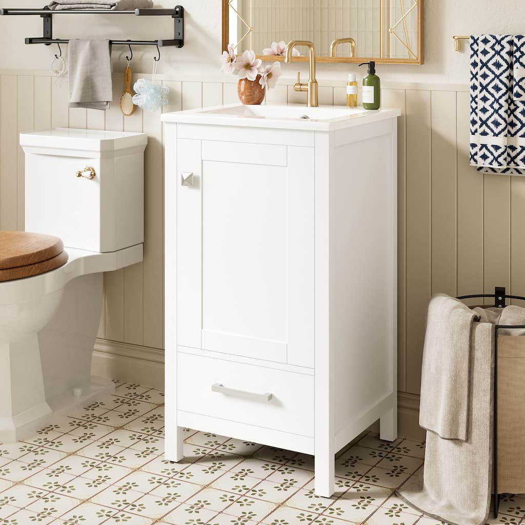 Bathroom Vanity with Ceramic Sink, Freestanding Single Vanity Set, Storage Cabinet with Divider Drawer & Door Shelf