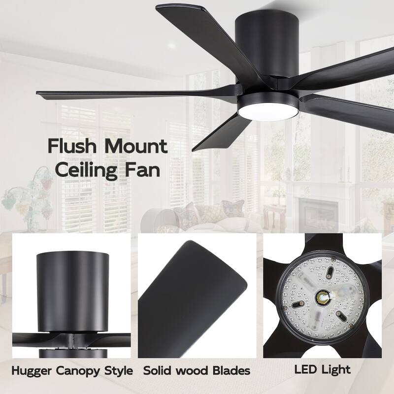 WINGBO 52" Solid Wood DC Motor Integrated LED Hugger Ceiling Fan with Remote