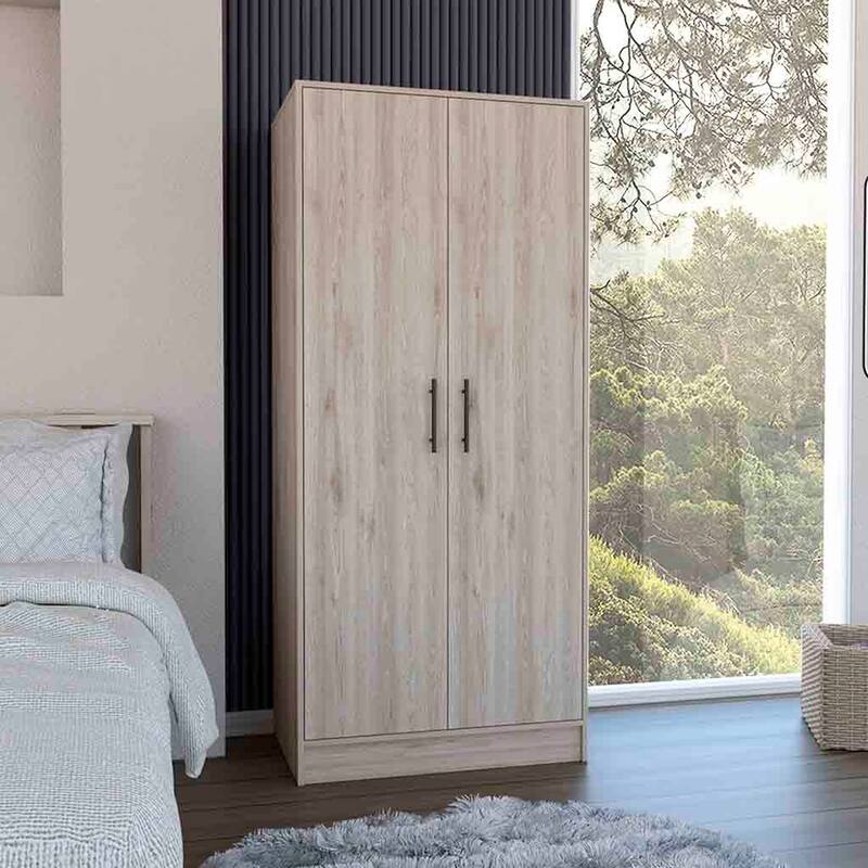 19.69" Modern Double-door Armoire with Hanging Rod, Spacious Top Shelf and Bottom Drawer