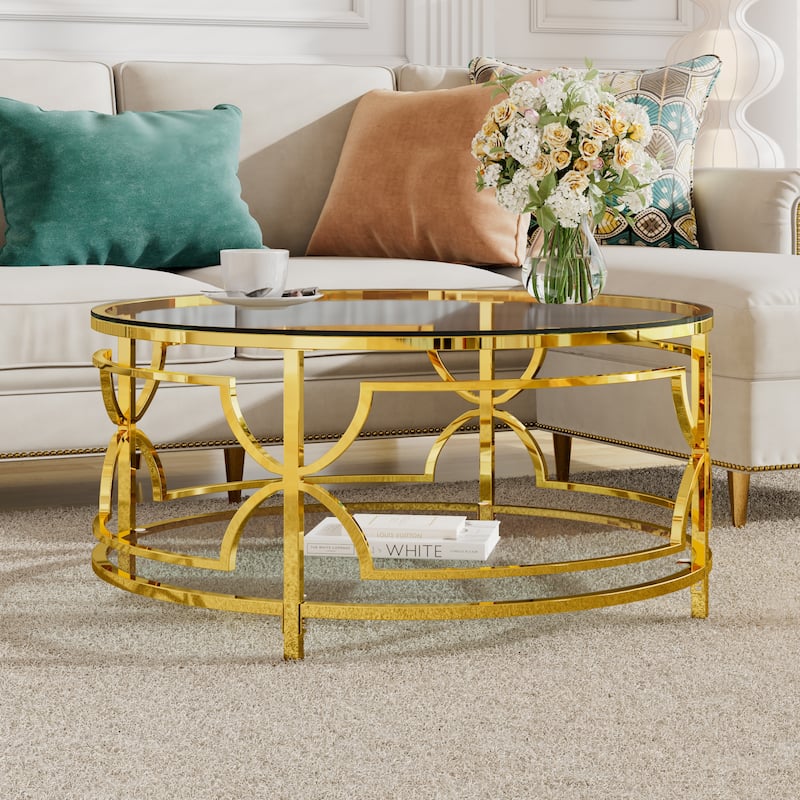 Glass Coffee Table Round Living Room Table, Luxurious Storage Table with Lower Shelf, 30.7" Center Table with Tempered Glass Top