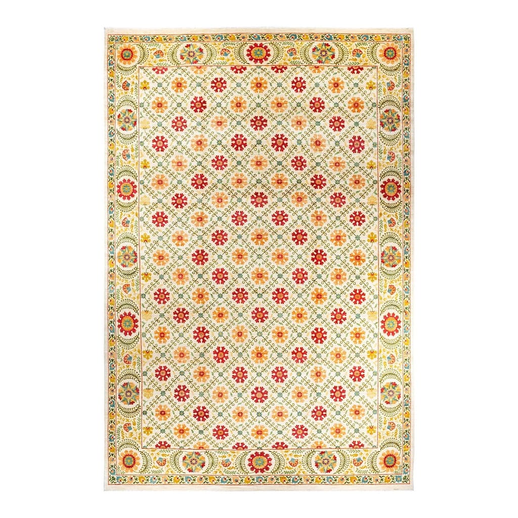 Overton Handknotted Wool Vintage Inspired Contemporary Suzani Ivory Area Rug - 17' 10" x 11' 10"