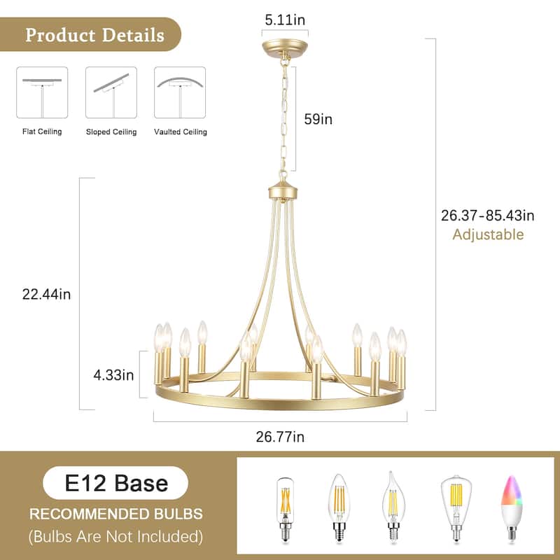 12-Light 26.77-inch Vintage Rustic Wagon Wheel Chandelier for Kitchen