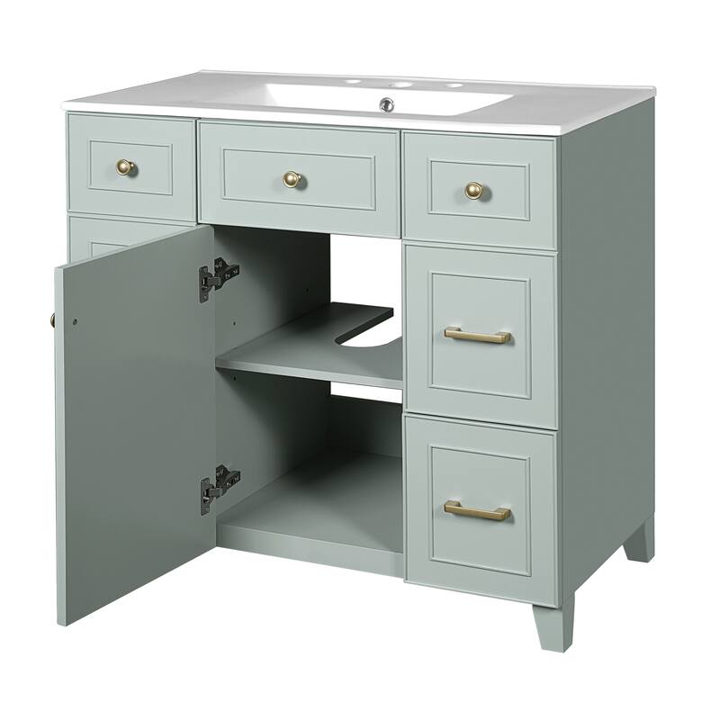 36" Bathroom Vanity w/ Ceramic Sink, Soft-Close Doors, 2 Drawers,Shelf