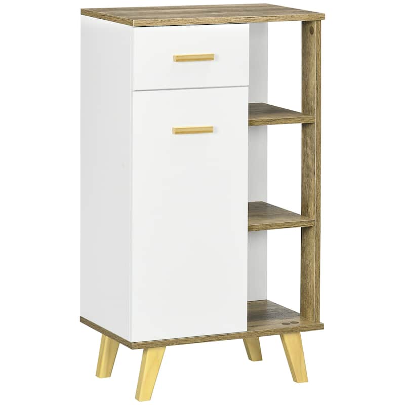 kleankin Bathroom Floor Cabinet, Side Storage Organizer Cabinet with Drawer and Shelves for Bathroom, White and Natural