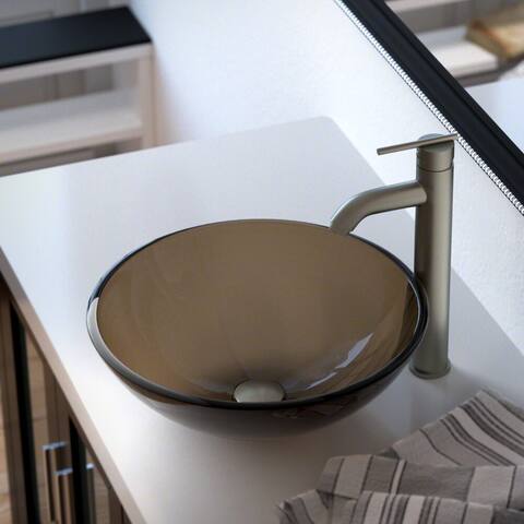 Glass Vessel Sink in Taupe with Faucet and Pop-Up Drain in Brushed Nickel