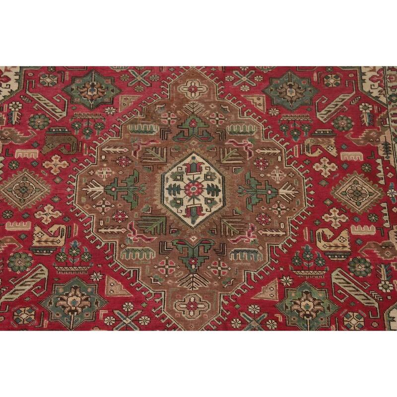 Geometric Pink Tabriz Persian Vintage Rug Hand-Knotted Wool Carpet - 6'7"x 9'9"