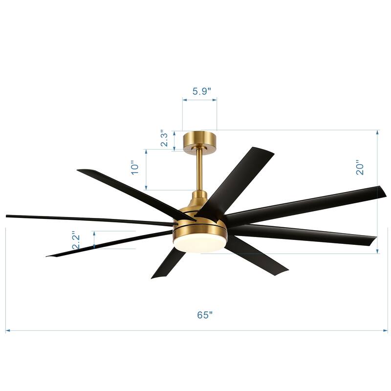 65" Gold LED Ceiling Fan with Light Remote-8 Blade - 65 Inch