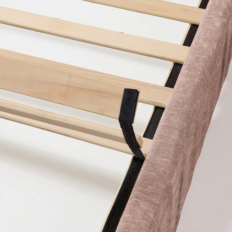 Queen Upholstered Platform Bed with Pleated Chenille Headboard, Built-in Bedside Table & Adjustable Lamps, No Box Spring