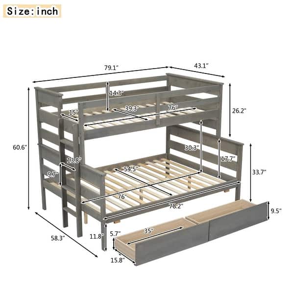 dimension image slide 6 of 8, Wooden Bunk Bed with Ladder & Guardrails, Solid Wood Low Bunkbeds, can be Convertible into 2 Platform Bedframe